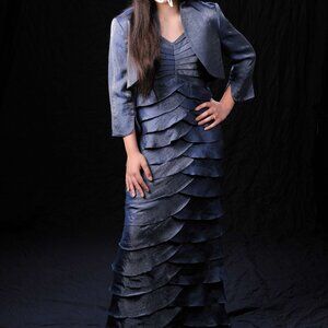 Adrianna Pappell Long Formal Shutter Pleat Dress - Size 6 Shimmery Slate Blue